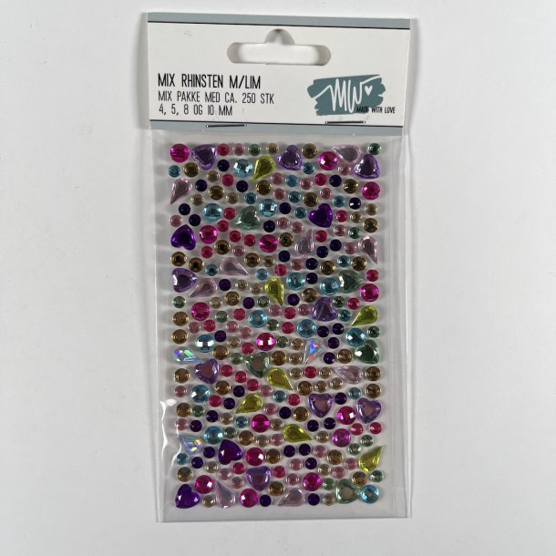 Rhinsten Ass farver acryl ca 250stk 4,45,8,10mm selvkl�bende