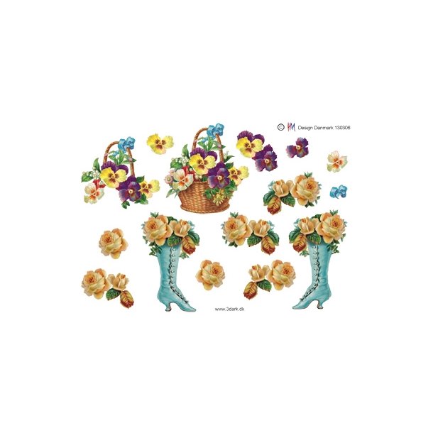 3D Retrost�vle og kurv med stedmoderblomster.