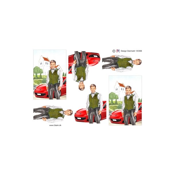  3D Konfirmand med kirke og r�d sportsvogn