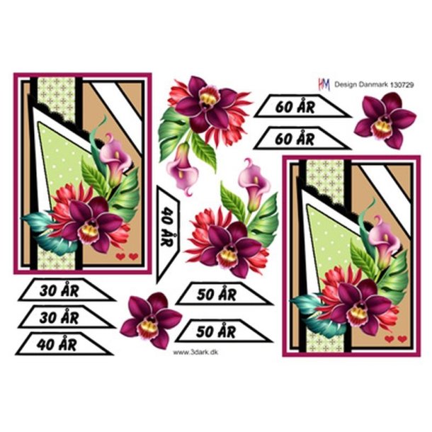 3D R�de blomster med �rstal 30-60 �r