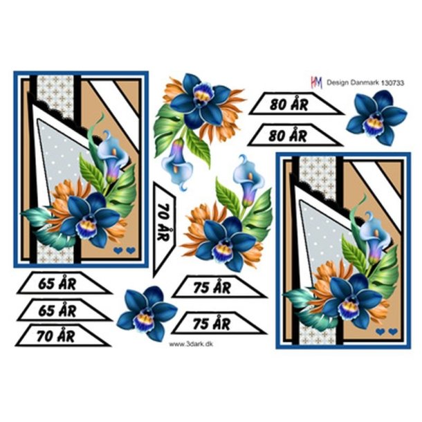 3D Bl� blomster med �rstal 65-80 �r