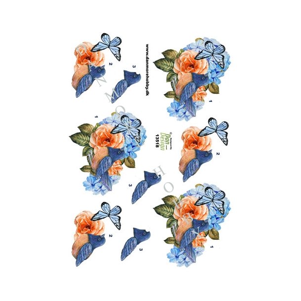 3D Bl� blomster, fugl og sommerfugl 