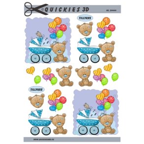 3D Lysebl� barnevogn med bamse.