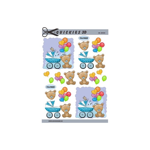 3D Lysebl� barnevogn med bamse.