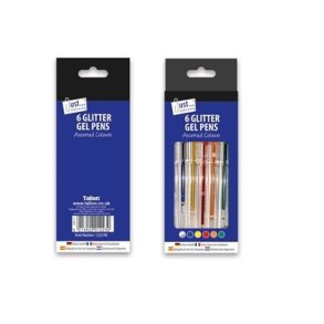 Glitter gele penne 6 stk s�lv-bl�-guld-r�d-lys r�d-gr�n