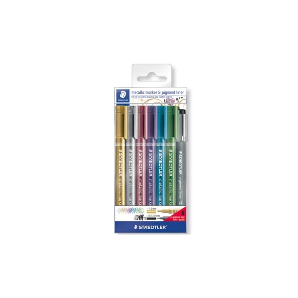 Staedtler Metallic marker guld s�lv r�d lilla bl� gr�n & sort pigment liner 