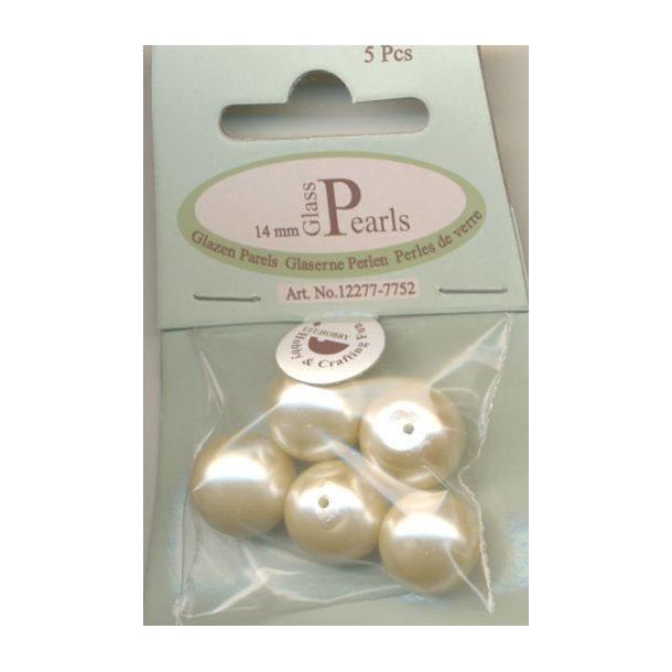 14 mm beige glas voksperler 5 stk