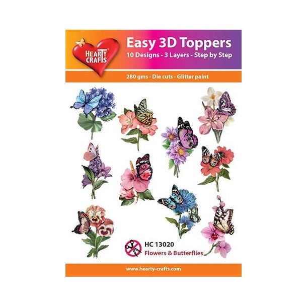 Easy 3D Toppers Flowers and butterflies 10 udstandsede motiver med glimmer