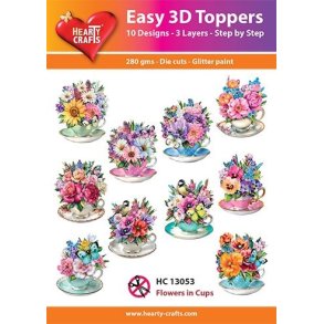 Easy 3D Toppers Flowers in cups 10 udstandsede motiver med glimmer