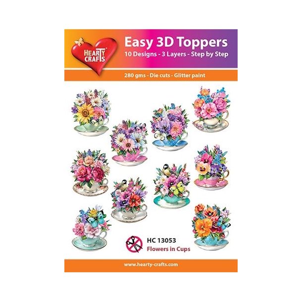 Easy 3D Toppers Flowers in cups 10 udstandsede motiver med glimmer