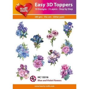 Easy 3D Toppers Blue and violet flowers 10 forskellige motiver med glimmer