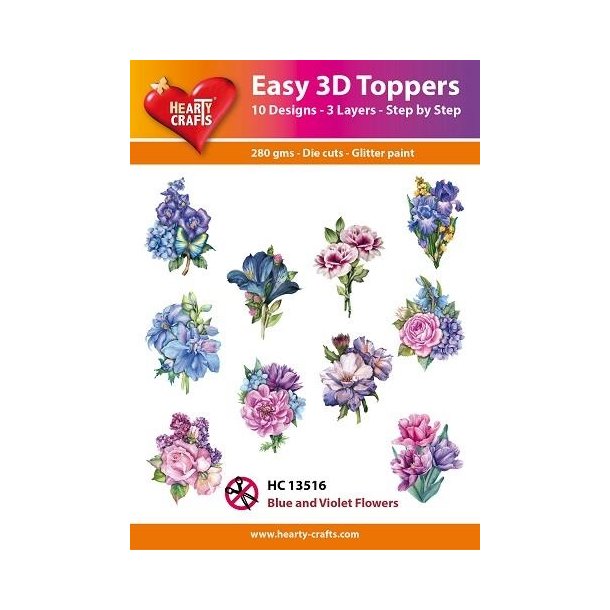 Easy 3D Toppers Blue and violet flowers 10 forskellige motiver med glimmer