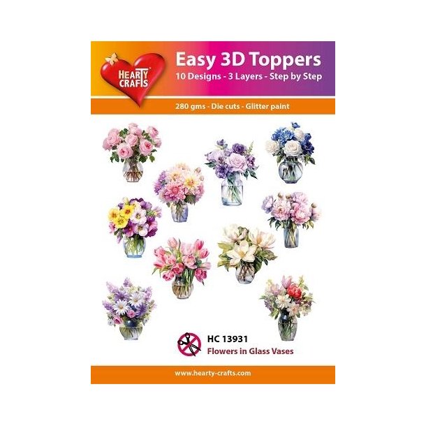  Easy 3D Toppers Flowers in glass vaeses 10 udstandsede motiver med glimmer