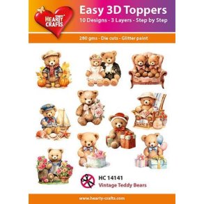 Easy 3D toppers Vintage teddy bears 10 udstandsende motiver med glimmner