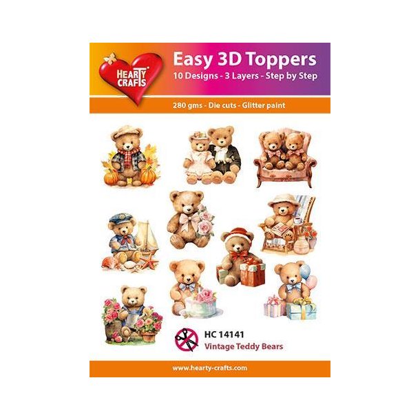 Easy 3D toppers Vintage teddy bears 10 udstandsende motiver med glimmner