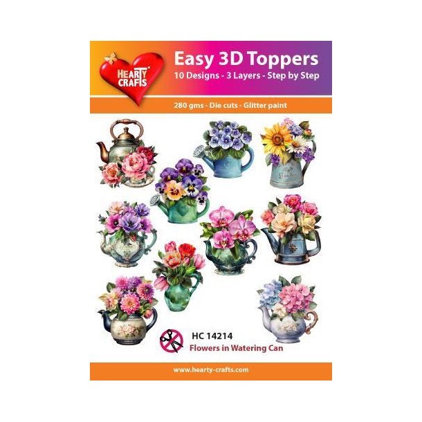 Easy 3D Toppers Flowers in watering can 10 udstandsede motiver med glimmer