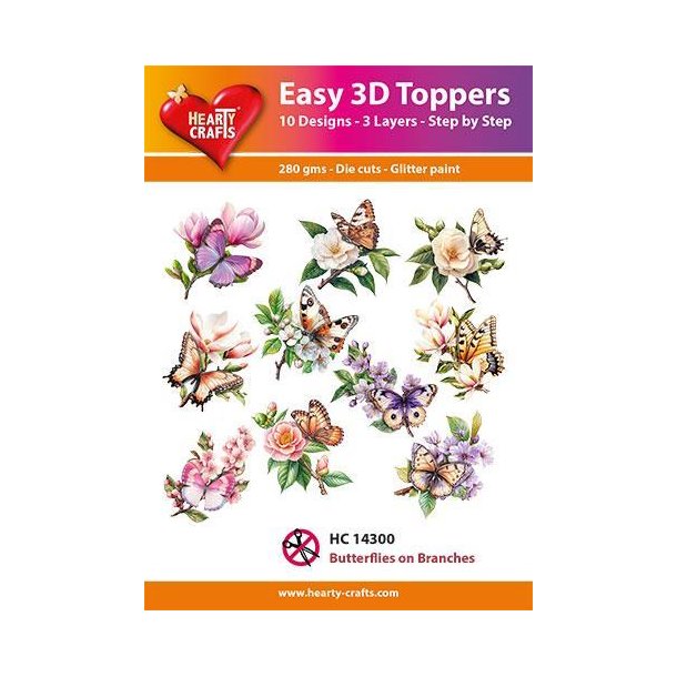 Easy 3D Toppers Butterflies on branches 10 udstandsede motiver med glimmer